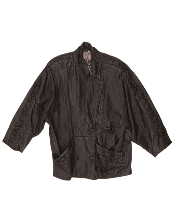Chaqueta de cuero con doble botonadura y manga 3/4 vintage para mujer UK 46 Large Black