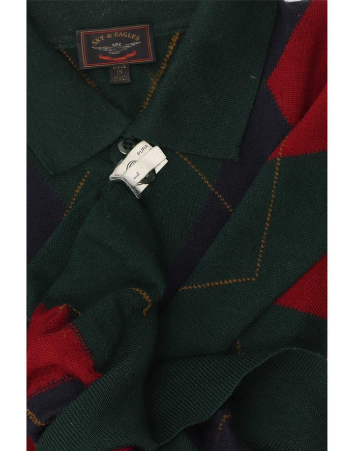 Sky & Eagle Suéter tipo jersey con cuello tipo polo para hombre verde grande Argyle/diamante
