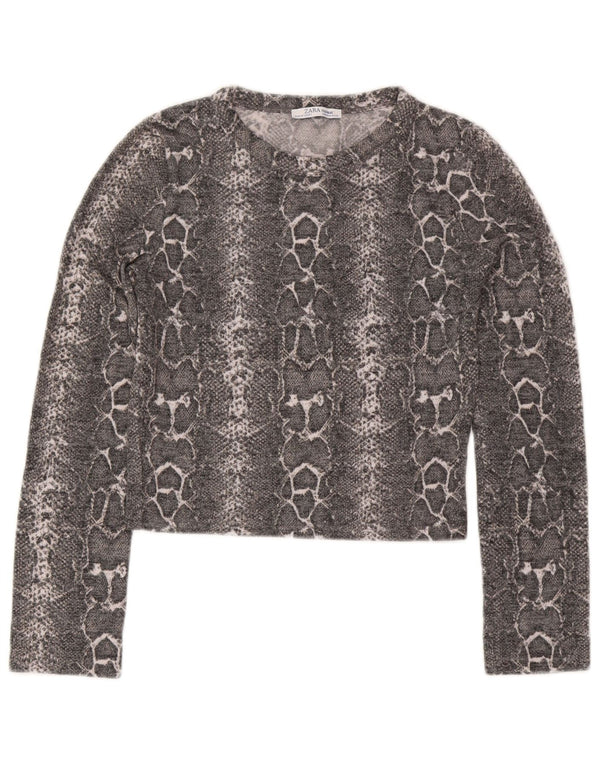 Zara Mujer Trafaluc Crop Top Manga Larga UK 42 Gris Medio Estampado Animal
