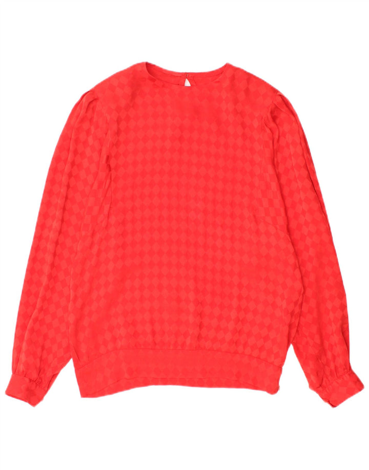 Vintage mujer manga larga blusa Top Reino Unido 12 Medio Rojo Argyle/Diamond