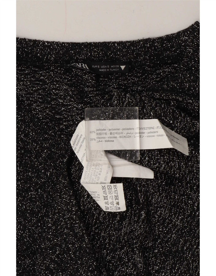 Zara Mujer Top Manga Larga UK 40 Pequeño Poliéster Moteado Negro