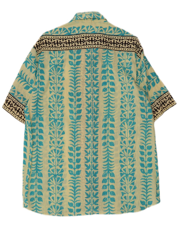 Vintage hombres patrón abstracto camisa de manga corta XL azul algodón étnico