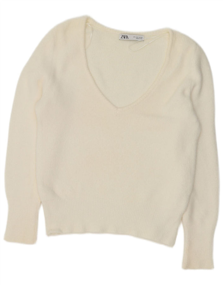 Zara - Jersey con cuello en V para mujer, talla 40, color blanco