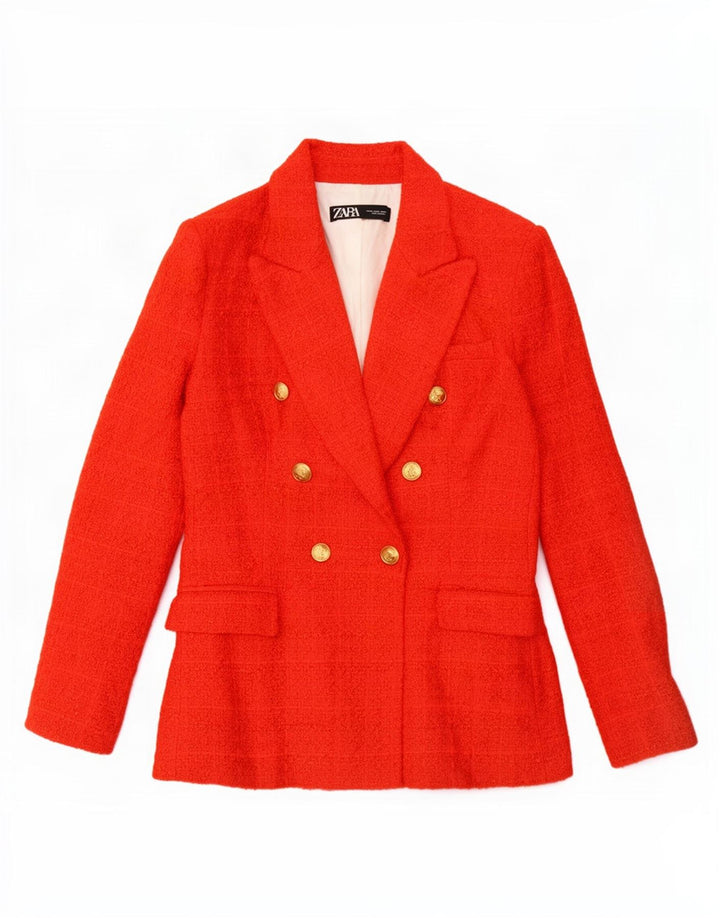 Zara Chaqueta Blazer De Doble Botonadura para Mujer UK 12 Mediana De Algodón A Cuadros Rojos