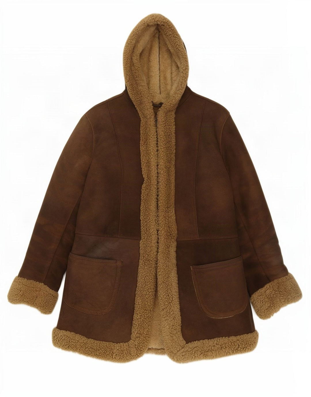 Vintage mujer con capucha chaqueta de piel de oveja Reino Unido 10 cuero marrón pequeño