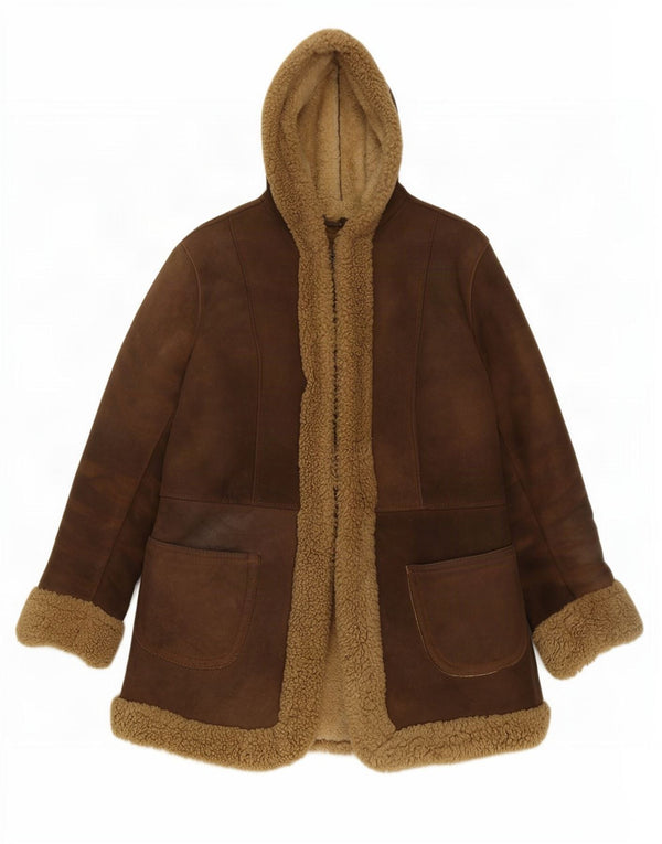 Vintage mujer con capucha chaqueta de piel de oveja Reino Unido 10 cuero marrón pequeño
