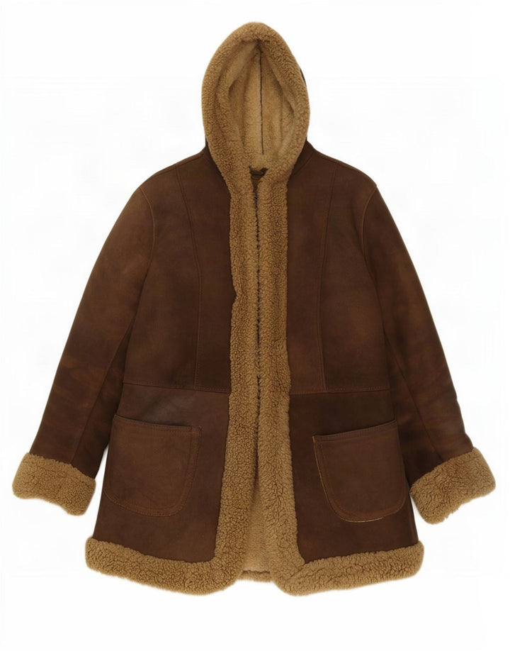 Vintage mujer con capucha chaqueta de piel de oveja Reino Unido 10 cuero marrón pequeño
