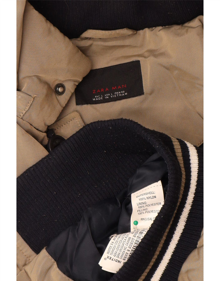 Zara Mens Chaqueta Acolchada Con Capucha UK 40 Large Beige Nylon