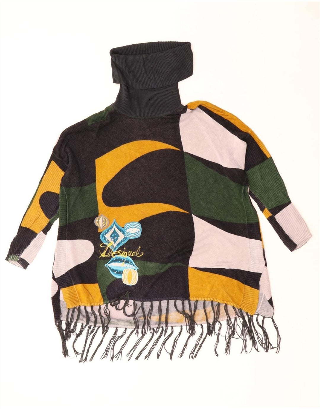 Desigual Mujer Roll Neck Jumper Suéter UK 10 Pequeño Verde Geométrico