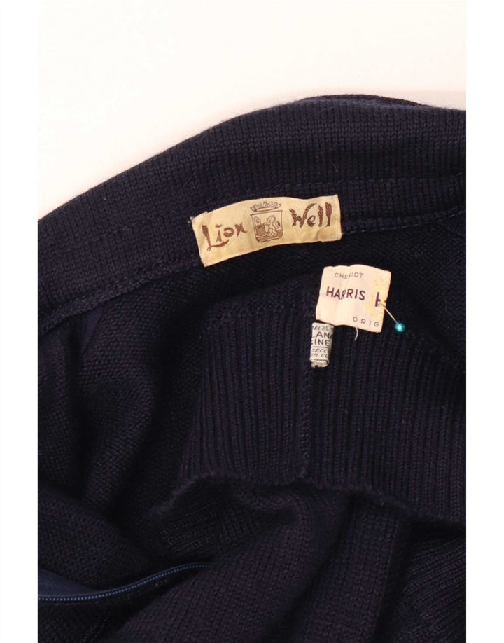 Vintage hombres completo zip cardigan suéter grande azul marino lana
