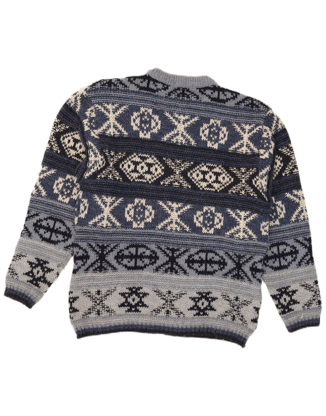 Vintage hombres cuello redondo jersey suéter IT 48 azul medio Fair Isle lana