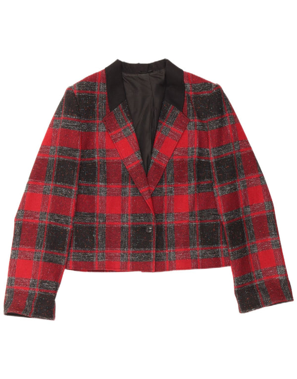 VINTAGE Mujer Crop 1 Botón Blazer Chaqueta EU 40 Lana de cuadros rojos medianos