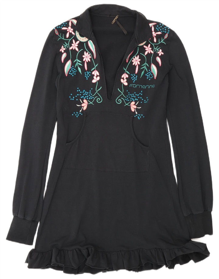 Fornarina Vestido básico de manga larga para mujer UK 42 Mediano Negro Floral Algodón