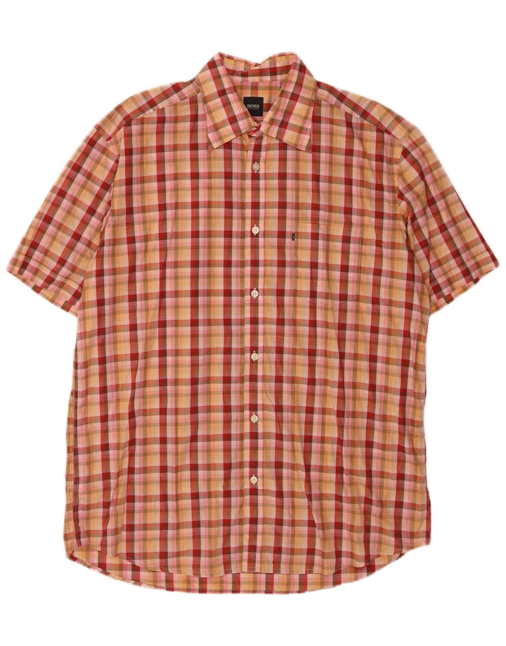 Camisa Hugo Boss Hombre Manga Corta Algodón Cuadros Naranja Grande