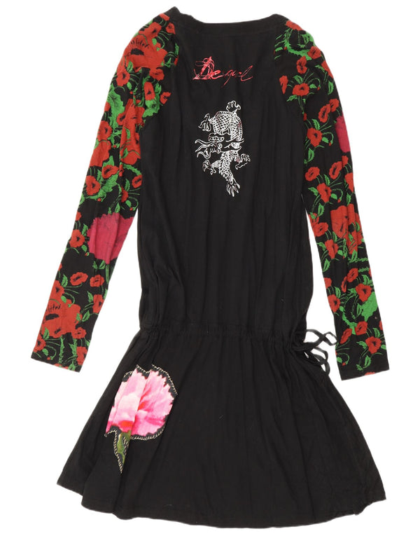 Desigual Vestido De Cintura Caída Para Mujer UK 40 XL Algodón Floral Negro