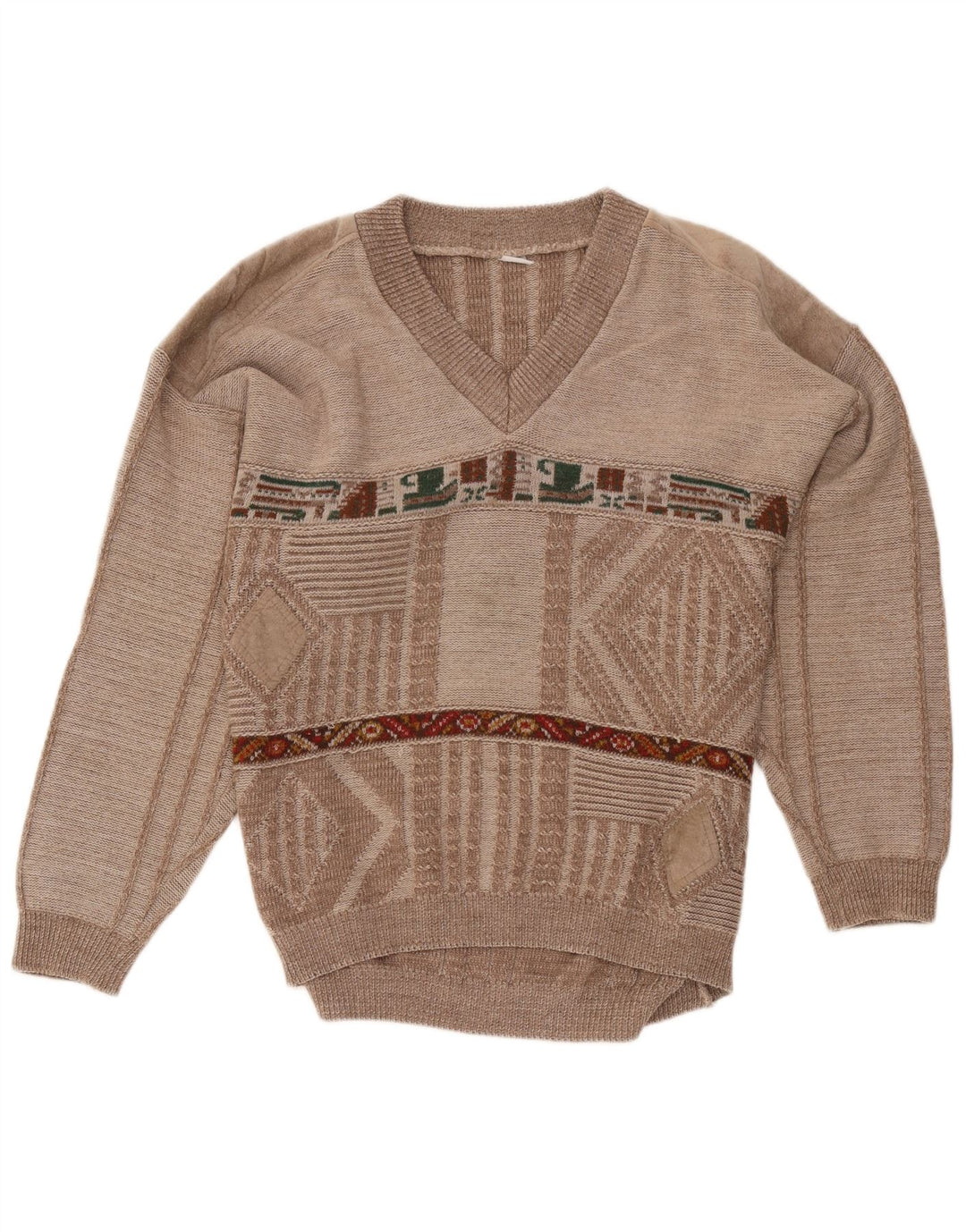 VINTAGE Hombres V-Cuello Jumper Suéter Medio Marrón Geométrico