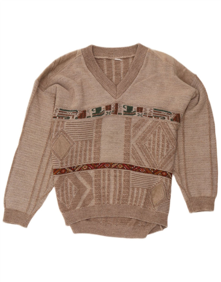 VINTAGE Hombres V-Cuello Jumper Suéter Medio Marrón Geométrico