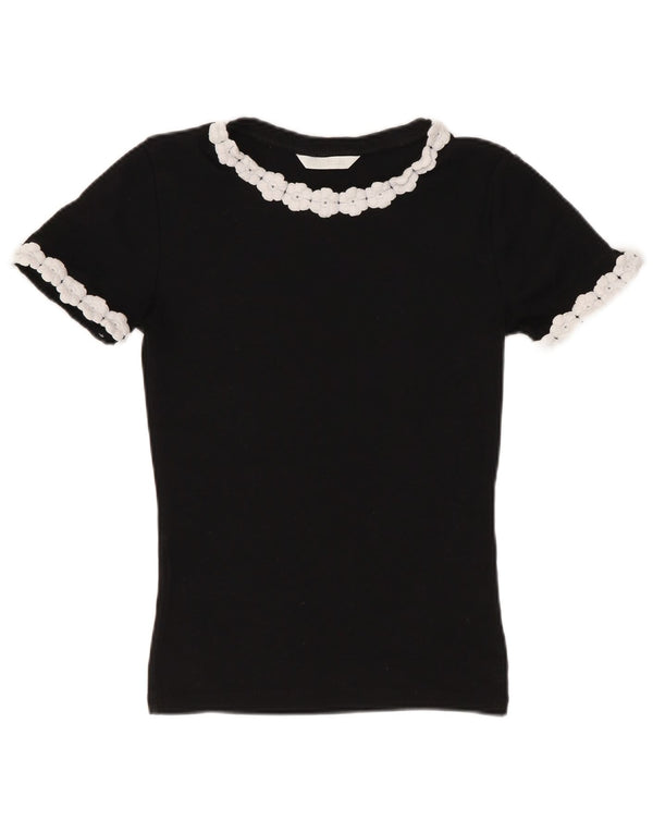Zara Mujer Crop Camiseta Top UK 8 Small Negro Floral Algodón