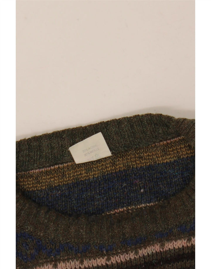 Vintage hombres cuello redondo jersey suéter medio multicolor Fair Isle