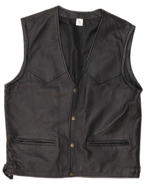 Vintage hombres cuero Gilet Reino Unido 42 XL cuero negro