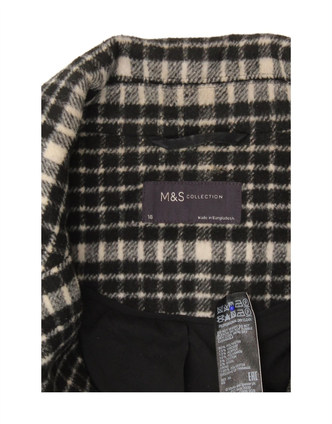 Marks & Spencer Abrigo holgado para mujer UK 40 XL Poliéster a cuadros negro
