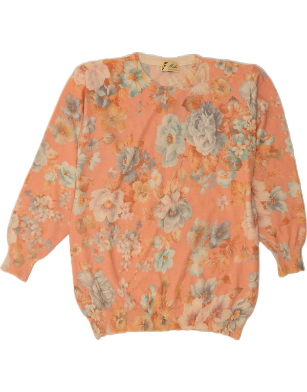 VINTAGE suéter de cuello redondo para mujer Reino Unido 18 XL lana floral rosa