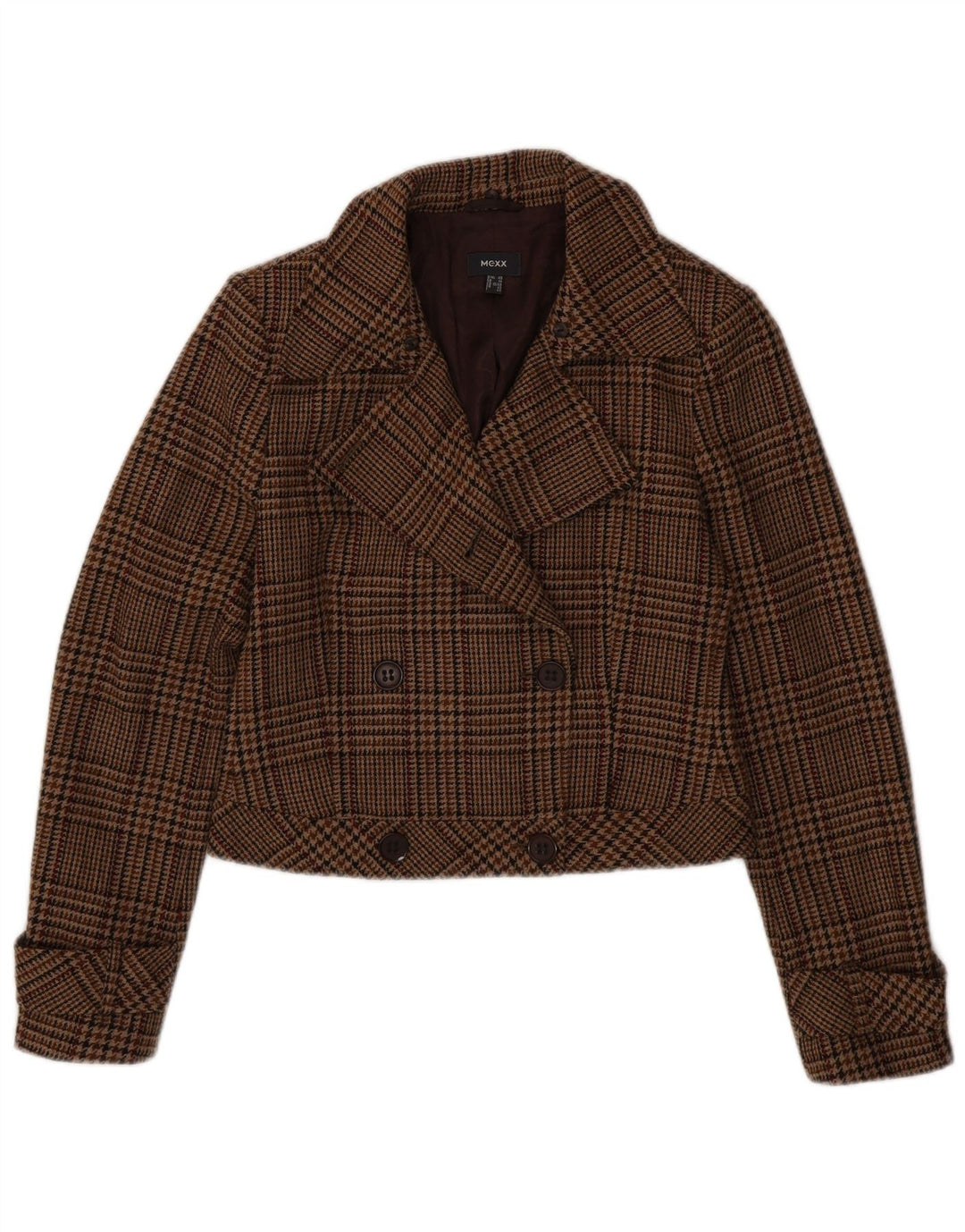 Mexx Mujer Crop Pea Coat Reino Unido 44 Grande Marrón Pata de Gallo Lana Virgen