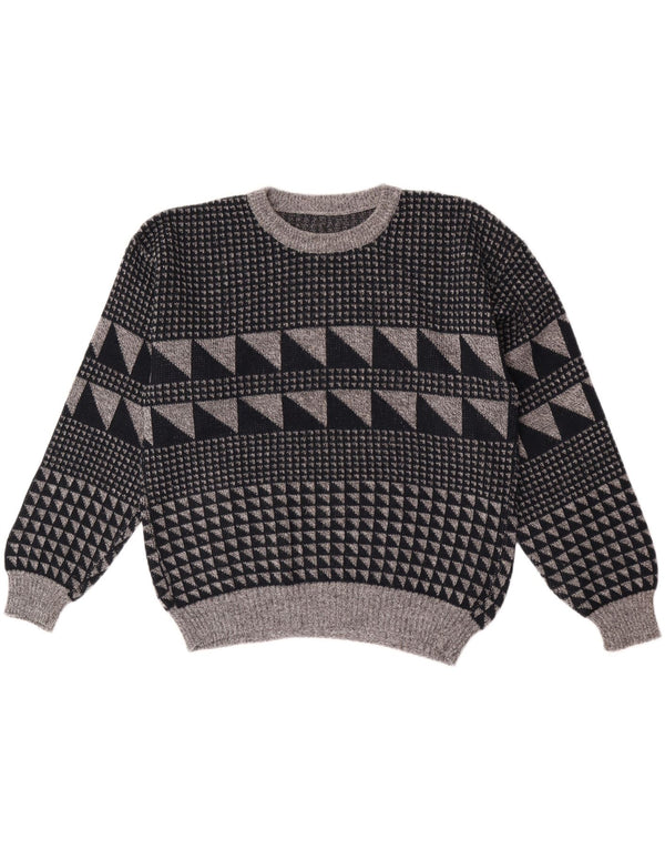 Vintage hombres cuello redondo jersey suéter grande gris geométrico