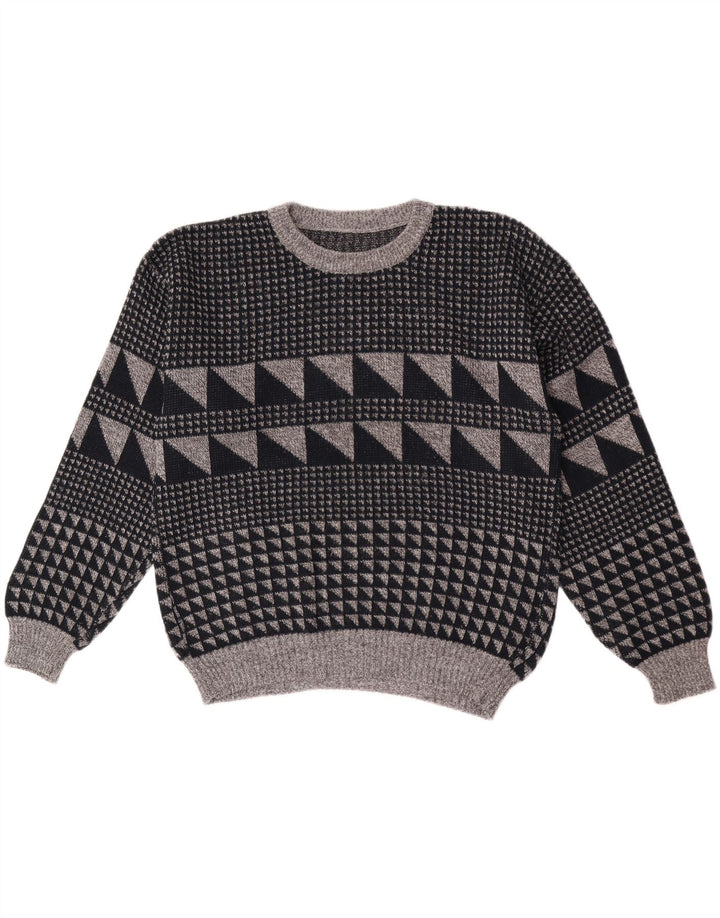 Vintage hombres cuello redondo jersey suéter grande gris geométrico