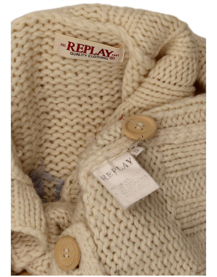 Replay Suéter tipo cárdigan gráfico para mujer UK 10 Small Off White Wool