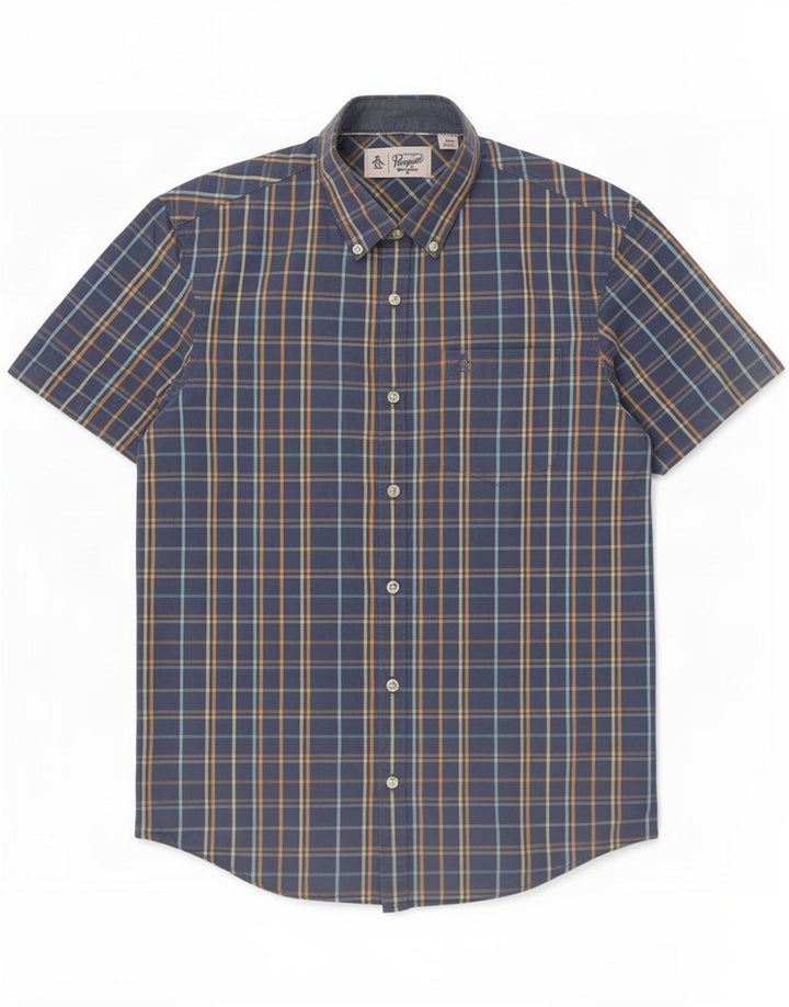 Camisa de manga corta para hombre Penguin Algodón a cuadros azul medio