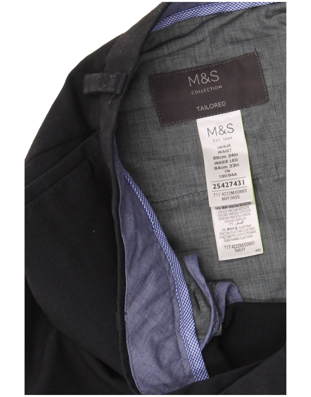 Marks & Spencer Pantalones de traje rectos a medida para hombre W34 L33 Azul marino