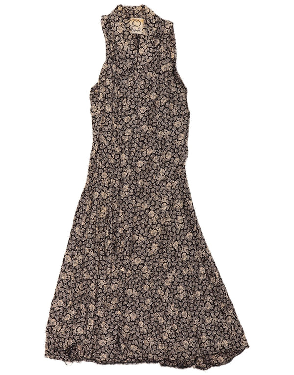 Vintage mujer Maxi Halter vestido Reino Unido 10 pequeño negro floral viscosa