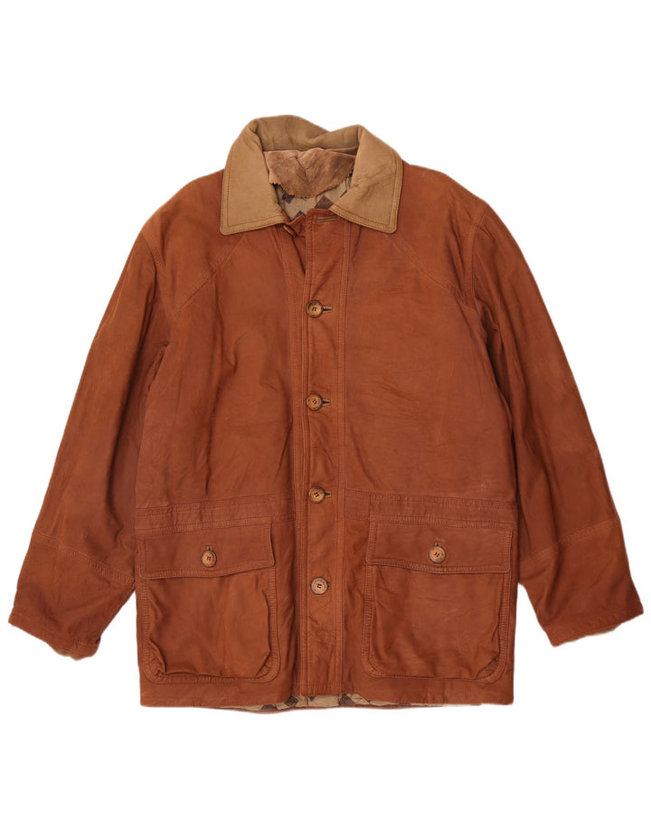 Chaqueta de cuero vintage para hombre IT 50 Bloque de color marrón grande