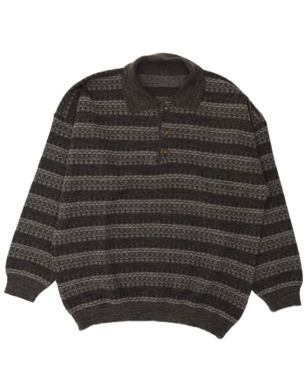 Vintage hombres polo cuello jersey suéter grande gris rayas