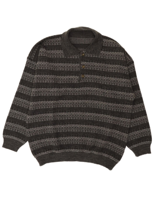 Vintage hombres polo cuello jersey suéter grande gris rayas