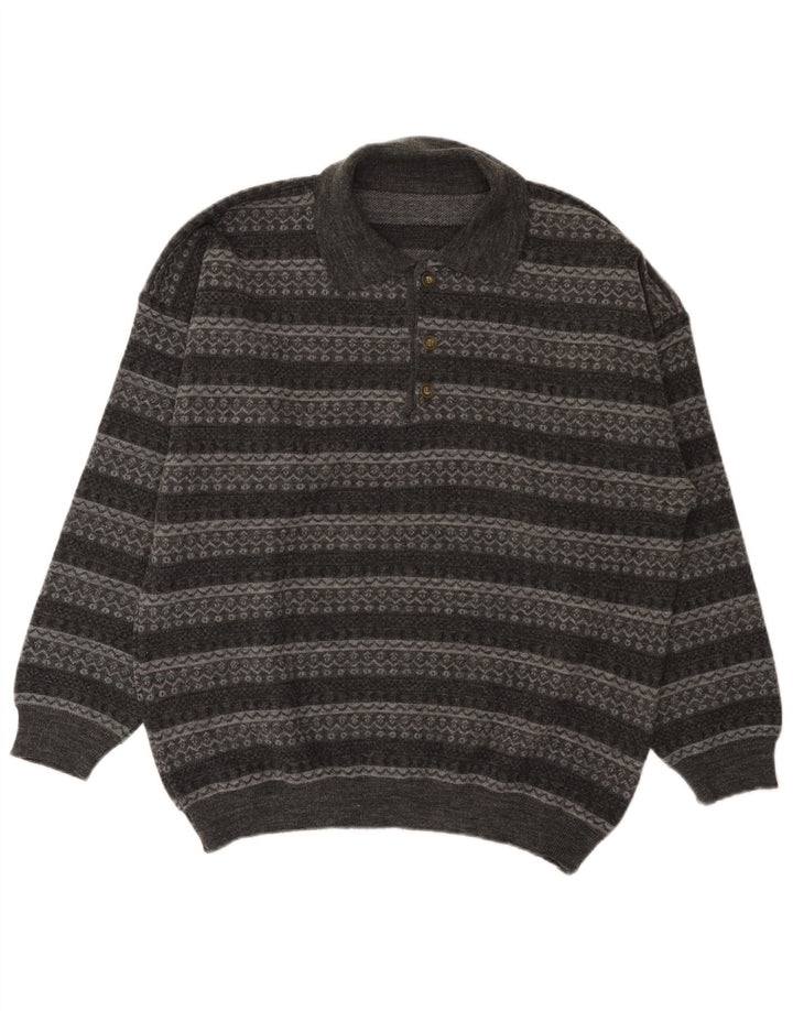 Vintage hombres polo cuello jersey suéter grande gris rayas