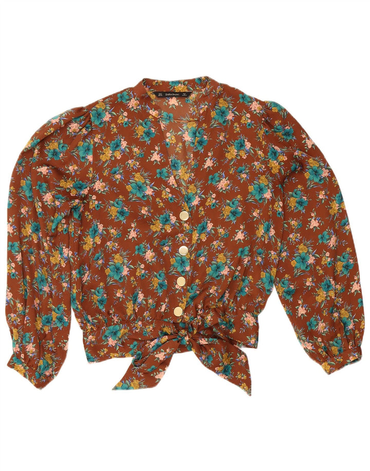 Zara Mujer Blusa Camisa UK 10 Small Marrón Floral Poliéster