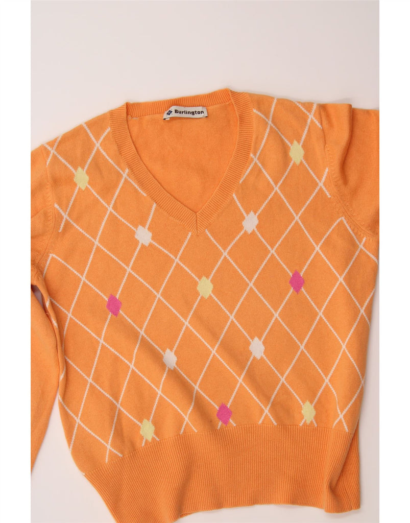 BURLINGTON Womens V-Neck Jumper Sweater UK 10 Small Orange Argyle/Diamond Vintage Burlington and Second-Hand Burlington from Messina Hembry 