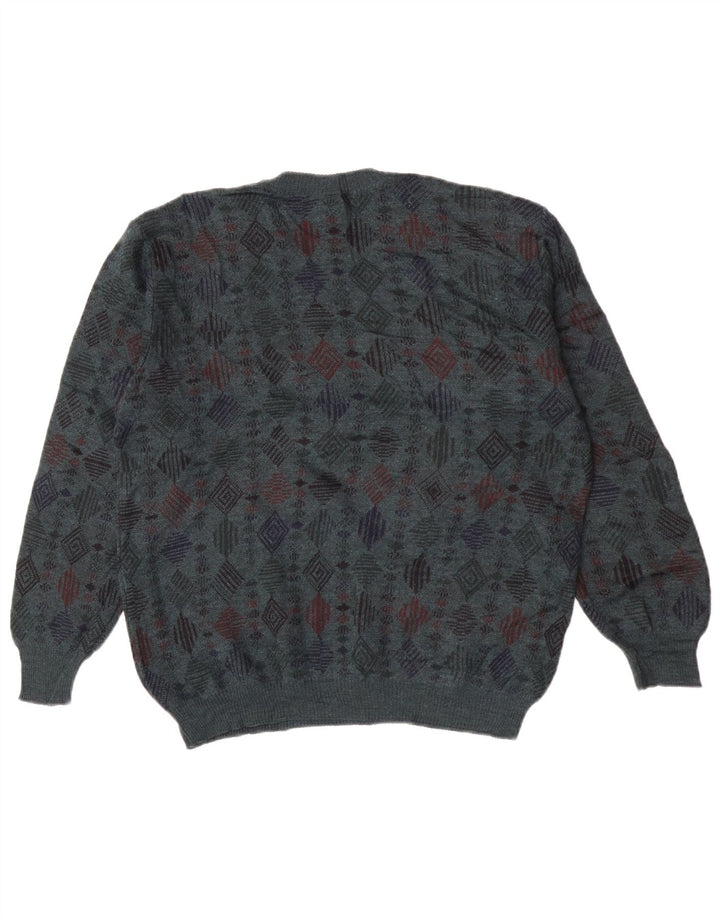 Vintage hombres cuello redondo jersey suéter azul medio geométrico lana virgen