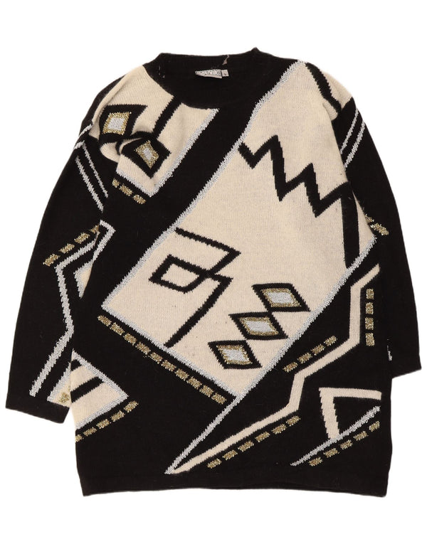 Vintage mujer jumper vestido Reino Unido 16 gran lana de cordero geométrica negra