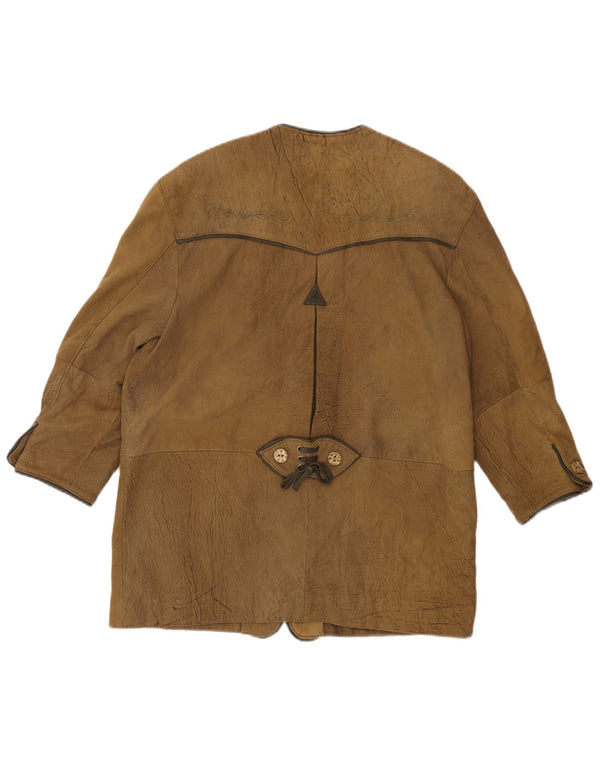 VINTAGE Chaqueta Blazer de Cuero de Manga 3/4 para Mujer EU 44 XL Caqui