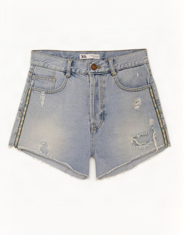 Zara Pantalones cortos de mezclilla desgastados para mujer EU 38 Small W28 Azul