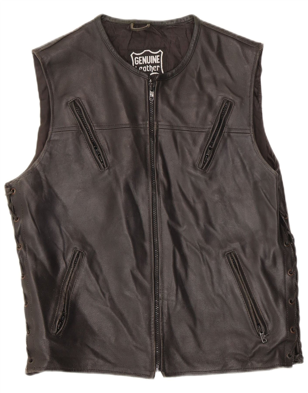 Vintage hombres cuero Gilet Reino Unido 38 cuero negro medio