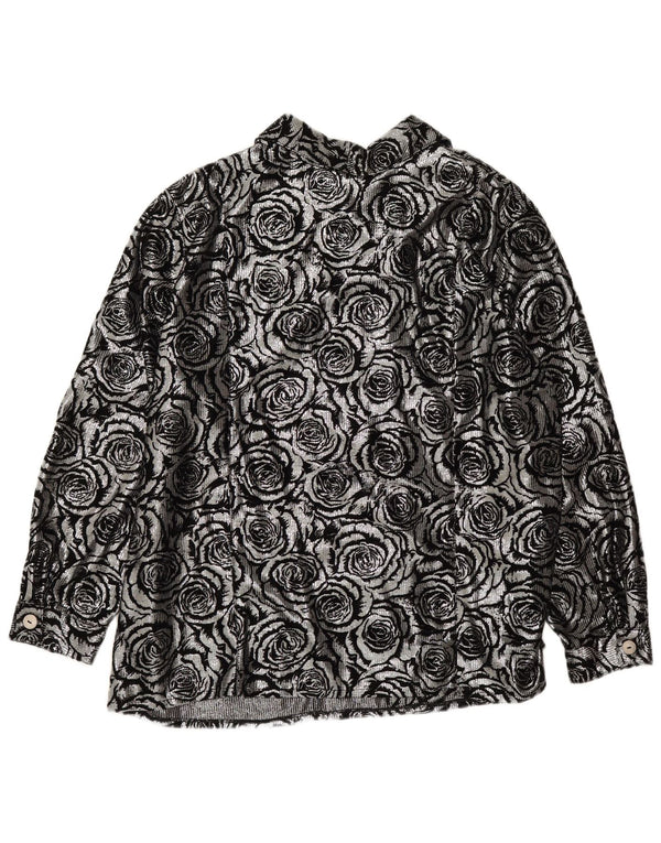 Vintage mujer camisa blusa Reino Unido 28 6XL plata floral poliéster