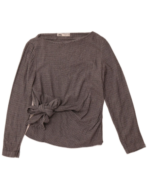 ZARA Mujer Blusa Manga Larga Top UK 42 Viscosa Pata De Gallo Gris Medio