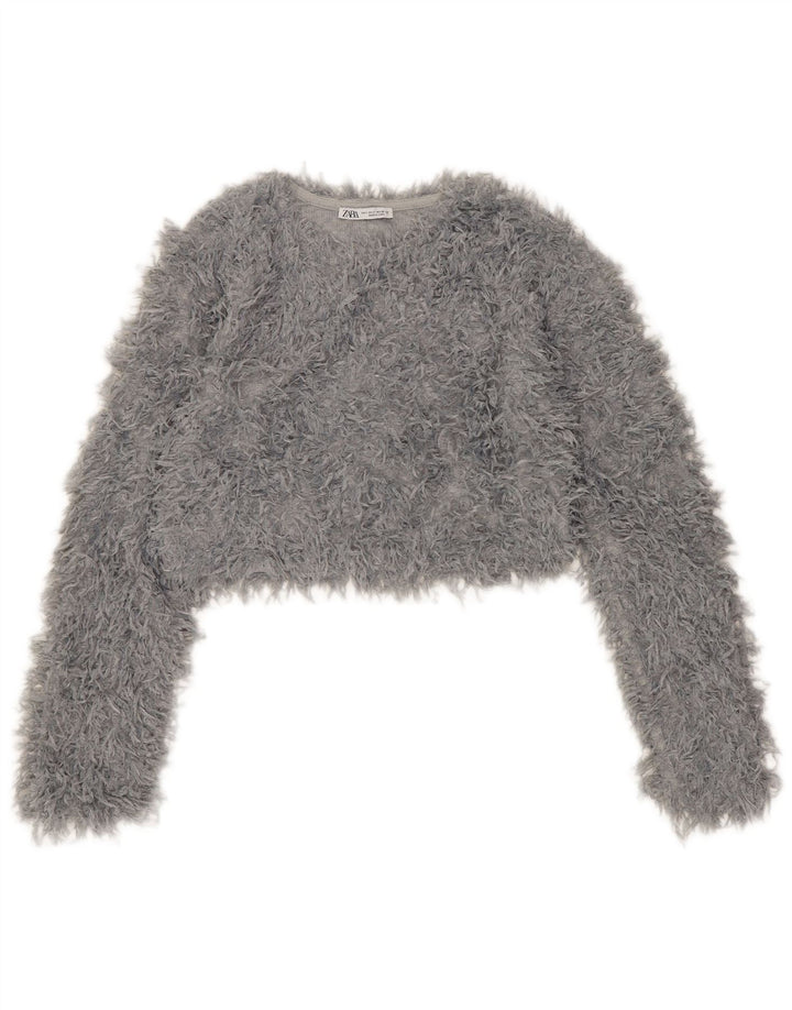 Zara Mujer Crop Boat Neck Jumper Sweater UK 10 Small Gris Poliéster