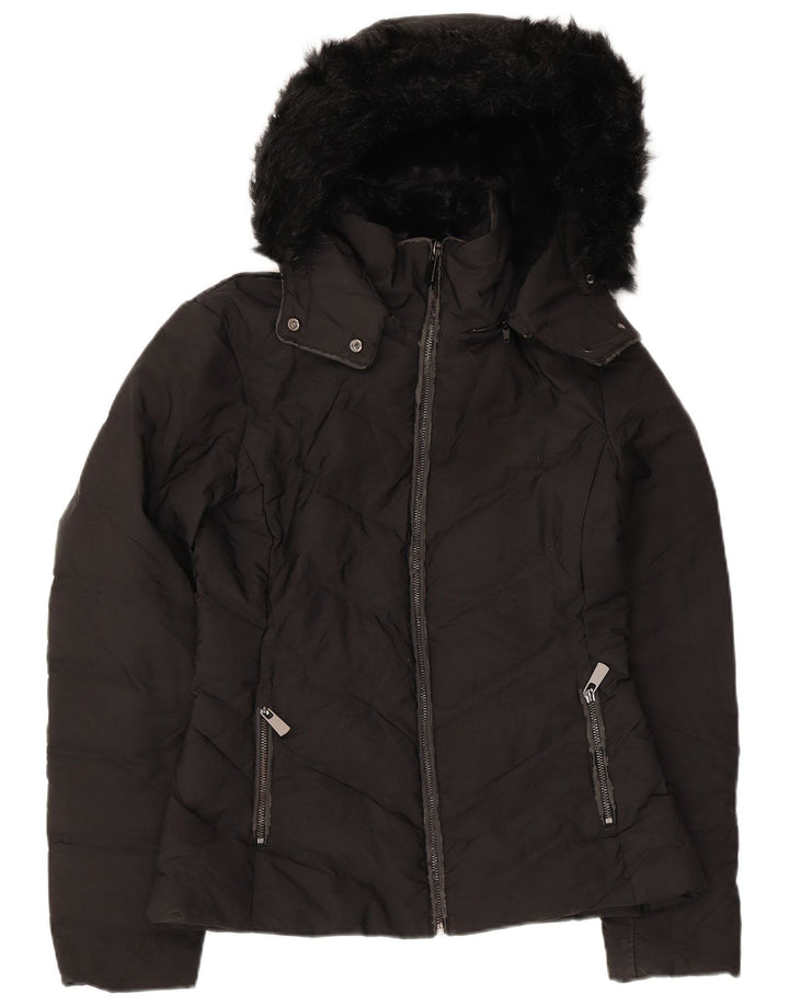 Zara Mujer Chaqueta Acolchada Con Capucha UK 10 Small Poliéster Negro