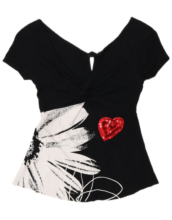 Desigual Blusa gráfica para mujer Top UK 8 Small Black Floral Heart
