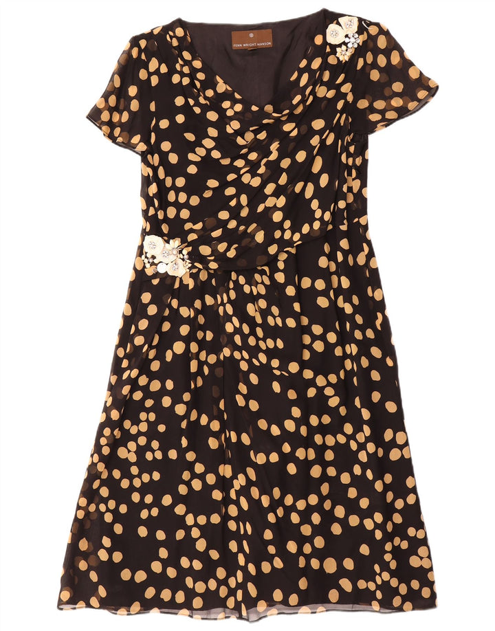 Fenn Wright Manson Vestido acampanado para mujer UK 44 Grande Seda negra con lunares